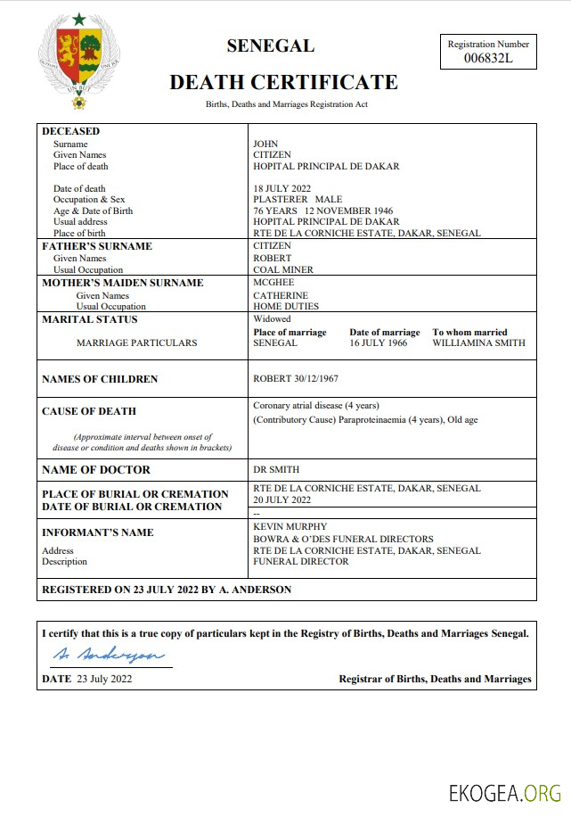 Modèle Word et PDF de certificat de décès de l'état civil du Sénégal